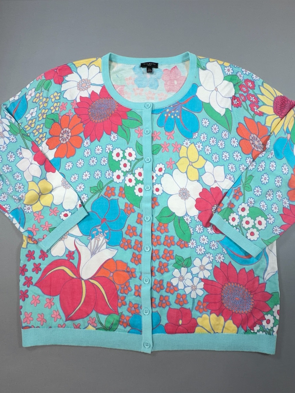 Talbots Charming Cardigan Sweater Summer Garden Floral Cotton Rayon Petite XL